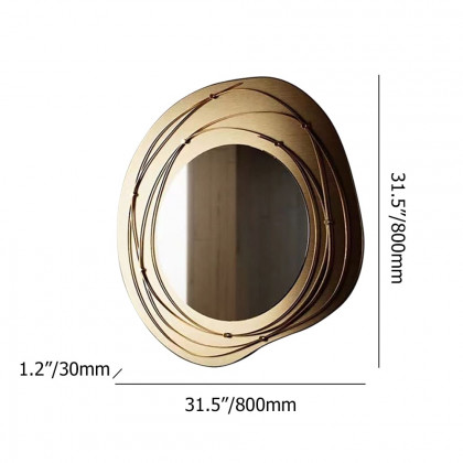 HMR - 31.5" Gold Framed Metal Round Wall Mirror with Abstract Lines Decoration