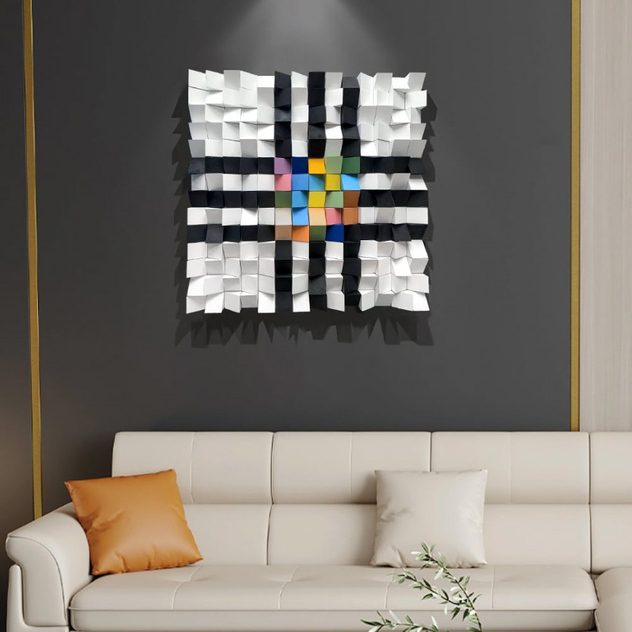 HMR - 22.8" Abstract Square Mosaic Wood Wall Art 3D Modern Carved Sculpture Decor Living Room