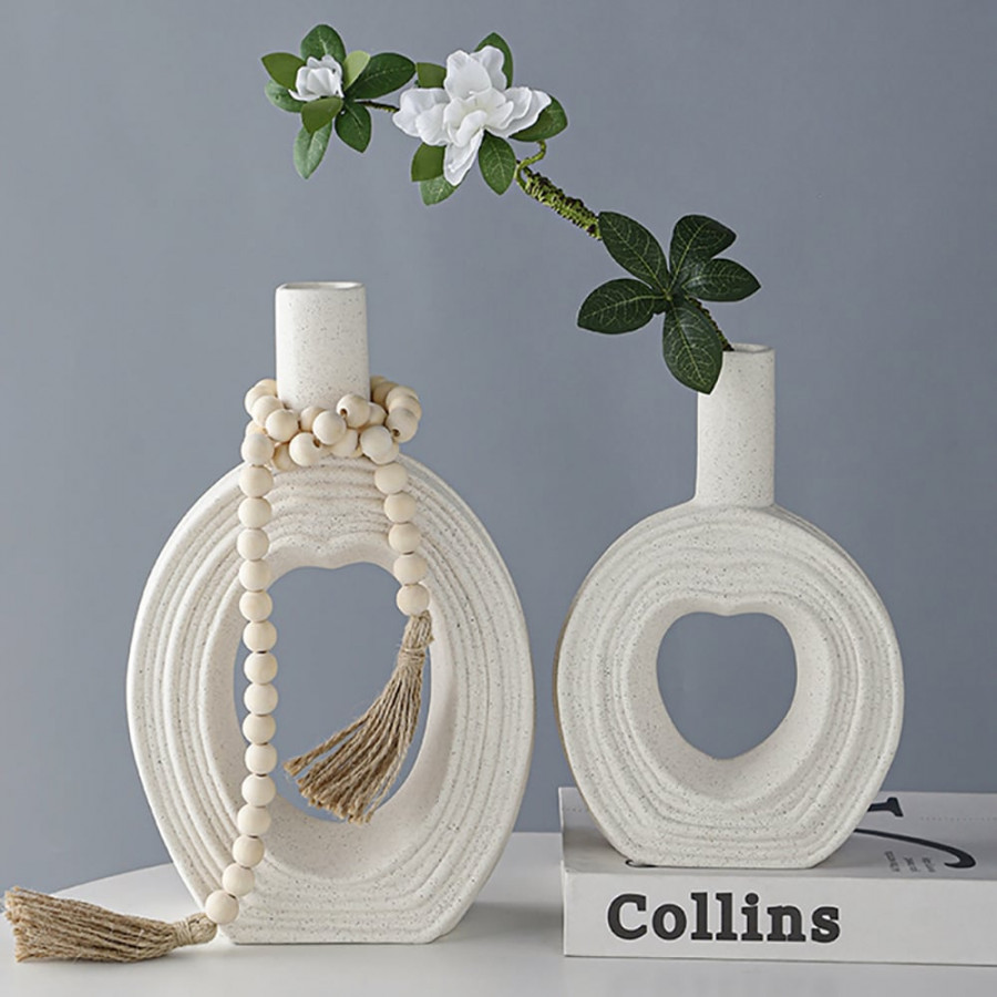 HMR - 2-Pieces Nordic Beige Ceramic Flower Vases Set Home Vase Decor Art Living Room Bedroom