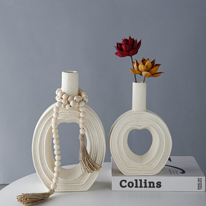 HMR - 2-Pieces Nordic Beige Ceramic Flower Vases Set Home Vase Decor Art Living Room Bedroom