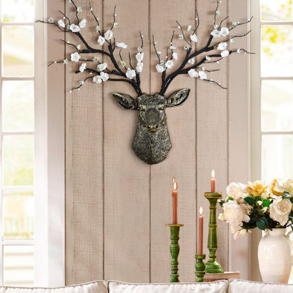HMR - Antique Bronze Deer Head Wall Decor White Cherry Blossom Artificial Flower Arrangement