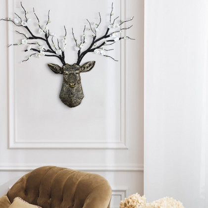 HMR - Antique Bronze Deer Head Wall Decor White Cherry Blossom Artificial Flower Arrangement