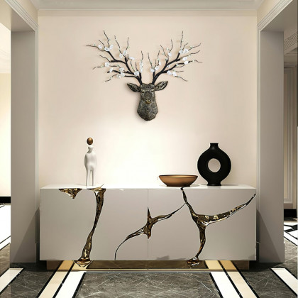HMR - Antique Bronze Deer Head Wall Decor White Cherry Blossom Artificial Flower Arrangement
