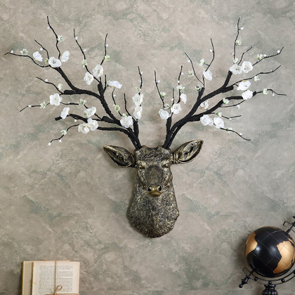 HMR - Antique Bronze Deer Head Wall Decor White Cherry Blossom Artificial Flower Arrangement