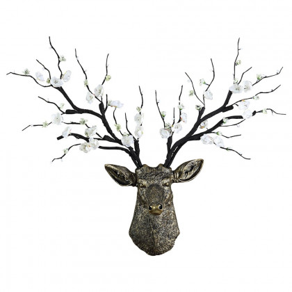 HMR - Antique Bronze Deer Head Wall Decor White Cherry Blossom Artificial Flower Arrangement