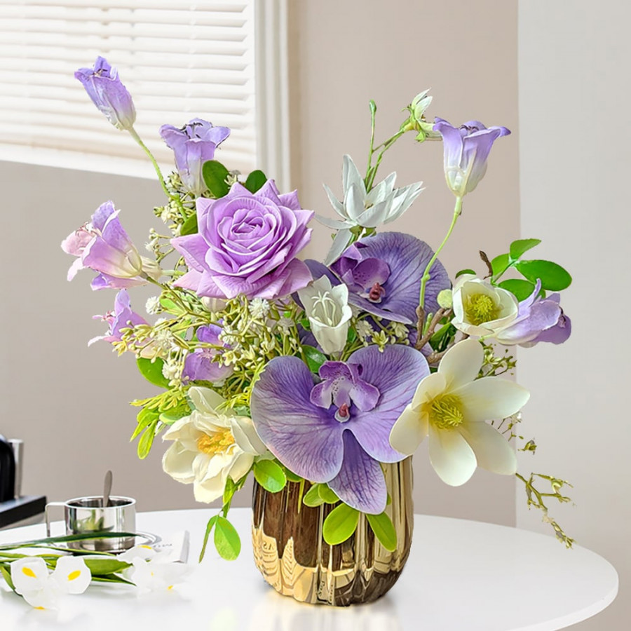 HMR - Purple Artificial Flower Arrangement in Gold Vase Fake Flower Dining Table Centerpiece