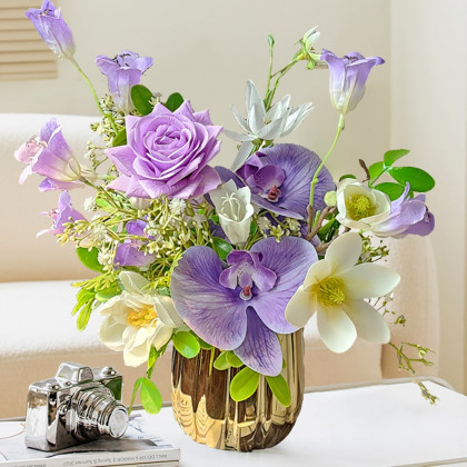 HMR - Purple Artificial Flower Arrangement in Gold Vase Fake Flower Dining Table Centerpiece