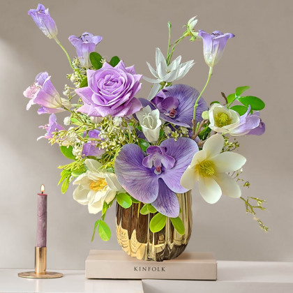 HMR - Purple Artificial Flower Arrangement in Gold Vase Fake Flower Dining Table Centerpiece