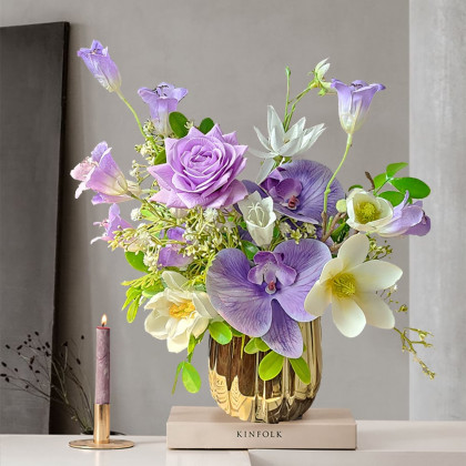 HMR - Purple Artificial Flower Arrangement in Gold Vase Fake Flower Dining Table Centerpiece
