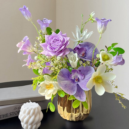 HMR - Purple Artificial Flower Arrangement in Gold Vase Fake Flower Dining Table Centerpiece
