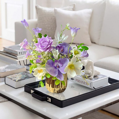 HMR - Purple Artificial Flower Arrangement in Gold Vase Fake Flower Dining Table Centerpiece