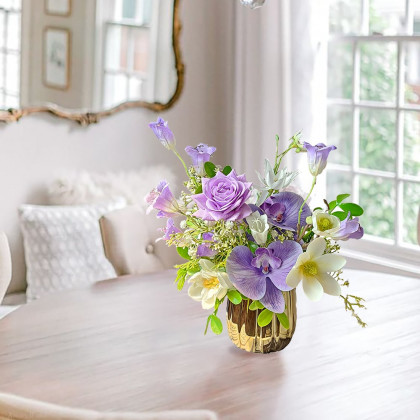 HMR - Purple Artificial Flower Arrangement in Gold Vase Fake Flower Dining Table Centerpiece