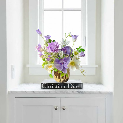 HMR - Purple Artificial Flower Arrangement in Gold Vase Fake Flower Dining Table Centerpiece