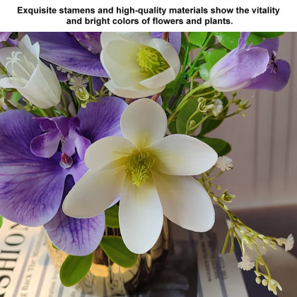 HMR - Purple Artificial Flower Arrangement in Gold Vase Fake Flower Dining Table Centerpiece