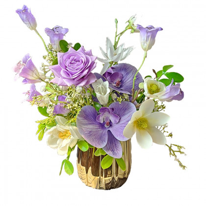 HMR - Purple Artificial Flower Arrangement in Gold Vase Fake Flower Dining Table Centerpiece