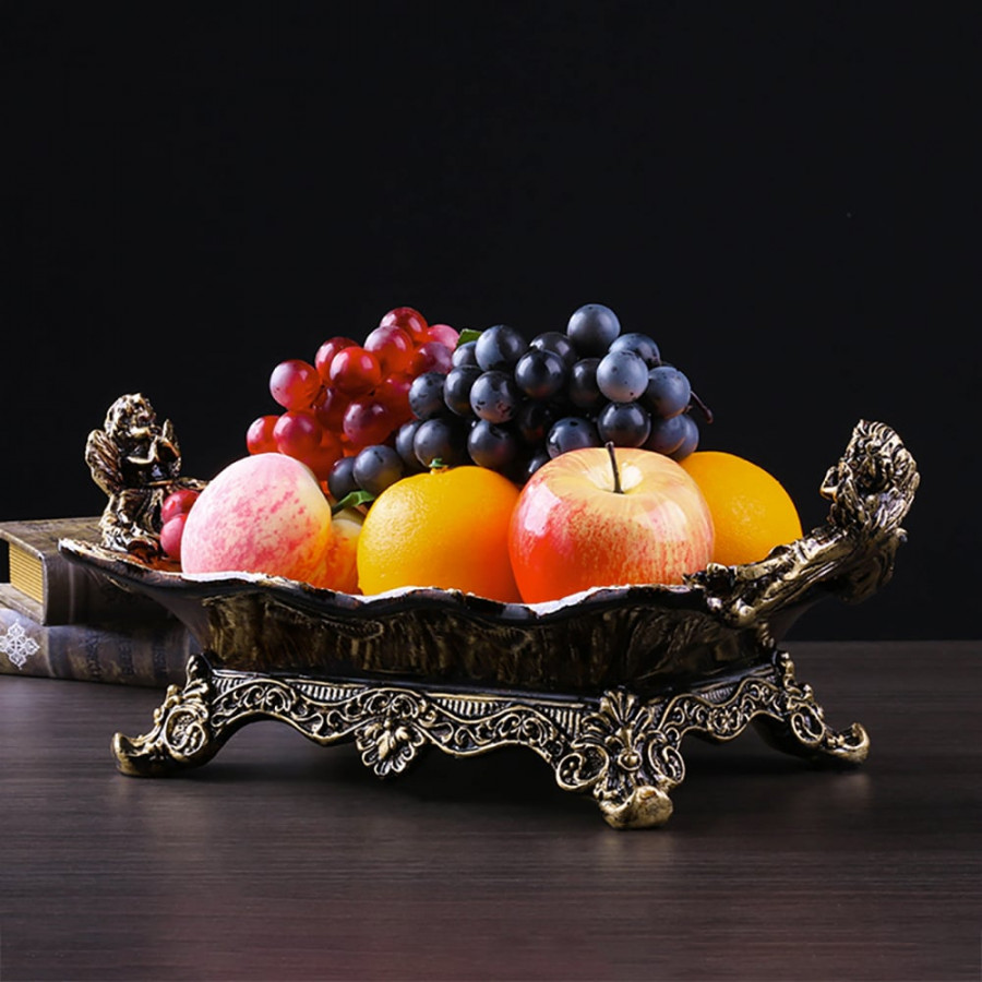 HMR - Shellium Resin & Shell Fruit Basket Decorative Traywith Handes in Gold & Brown