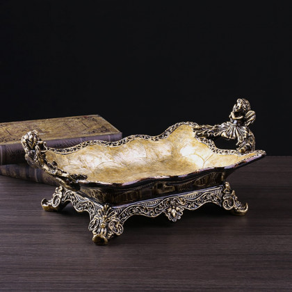 HMR - Shellium Resin & Shell Fruit Basket Decorative Traywith Handes in Gold & Brown
