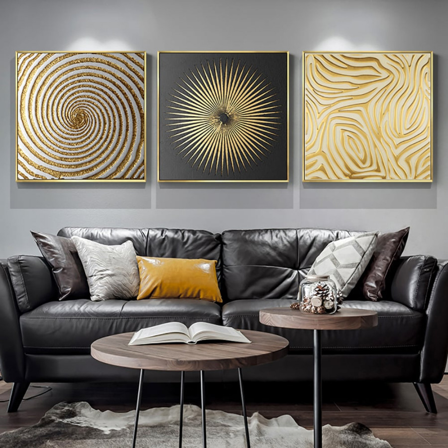 HMR - 3-Pieces Glam Square Wall Decor Set Canvas Abstract Art with Frame in Gold & Black