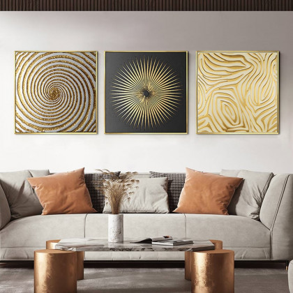 HMR - 3-Pieces Glam Square Wall Decor Set Canvas Abstract Art with Frame in Gold & Black