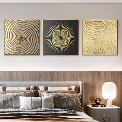 HMR - 3-Pieces Glam Square Wall Decor Set Canvas Abstract Art with Frame in Gold & Black