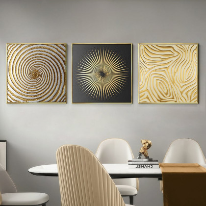 HMR - 3-Pieces Glam Square Wall Decor Set Canvas Abstract Art with Frame in Gold & Black