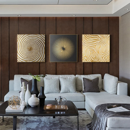 HMR - 3-Pieces Glam Square Wall Decor Set Canvas Abstract Art with Frame in Gold & Black