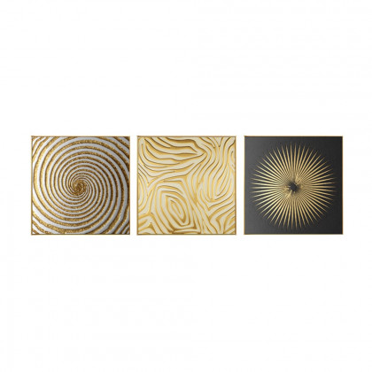 HMR - 3-Pieces Glam Square Wall Decor Set Canvas Abstract Art with Frame in Gold & Black