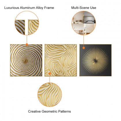 HMR - 3-Pieces Glam Square Wall Decor Set Canvas Abstract Art with Frame in Gold & Black