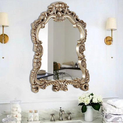 HMR - Large Vintage Arch French Shield Wall Mirror Decor 19th Century Champagne Gold Art