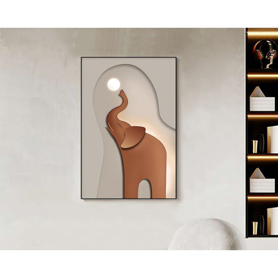 HMR Realid Modern Elephant Wall Decor for Living Room Cute Painting with Frame in Brown - Rectangle