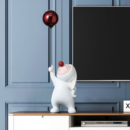 HMR - Modern Resin Rabbit Balloon Decorative Object White & Red Home Desk Figurine Decor Art