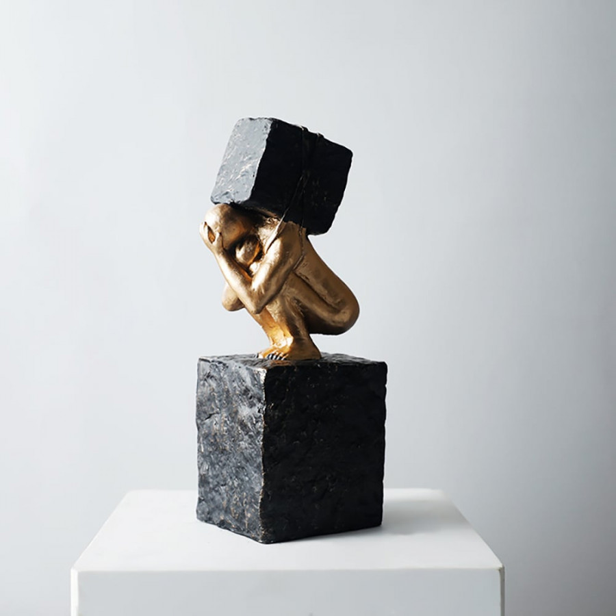 HMR - Black & Gold Resin Thinker with Heavy Stone Sculpture Figure Person Statue Ornament Art