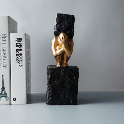 HMR - Black & Gold Resin Thinker with Heavy Stone Sculpture Figure Person Statue Ornament Art