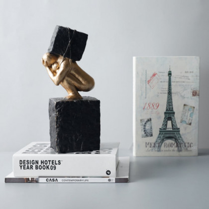 HMR - Black & Gold Resin Thinker with Heavy Stone Sculpture Figure Person Statue Ornament Art