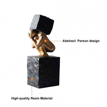 HMR - Black & Gold Resin Thinker with Heavy Stone Sculpture Figure Person Statue Ornament Art