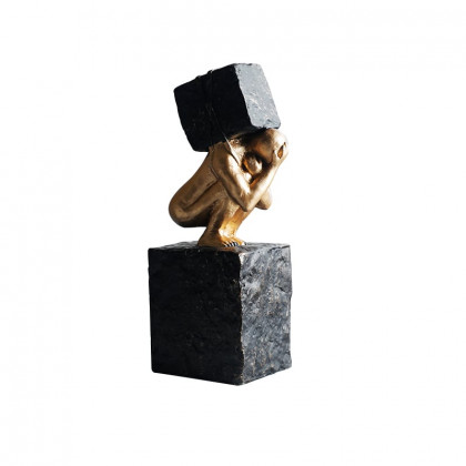 HMR - Black & Gold Resin Thinker with Heavy Stone Sculpture Figure Person Statue Ornament Art