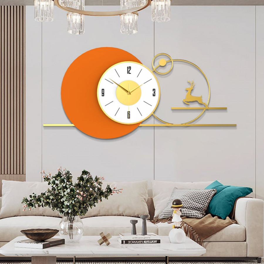 HMR - White & Orange Large Round Metal Wall Clock with Gold Pointer Modern Home Deer Decor Art