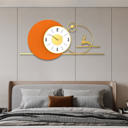 HMR - White & Orange Large Round Metal Wall Clock with Gold Pointer Modern Home Deer Decor Art