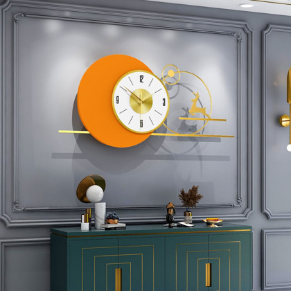 HMR - White & Orange Large Round Metal Wall Clock with Gold Pointer Modern Home Deer Decor Art