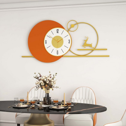 HMR - White & Orange Large Round Metal Wall Clock with Gold Pointer Modern Home Deer Decor Art