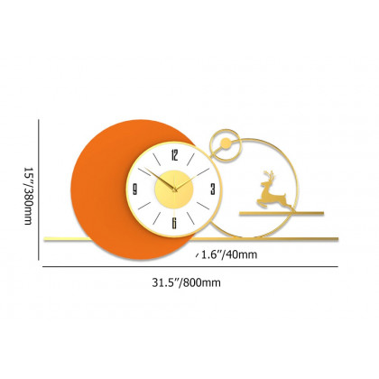 HMR - White & Orange Large Round Metal Wall Clock with Gold Pointer Modern Home Deer Decor Art