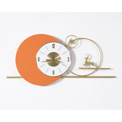 HMR - White & Orange Large Round Metal Wall Clock with Gold Pointer Modern Home Deer Decor Art