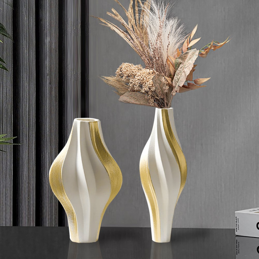 HMR - 2 Pieces Modern Resin Curved Lines Flower Vase Set Sculpture Decor Art in White & Gold