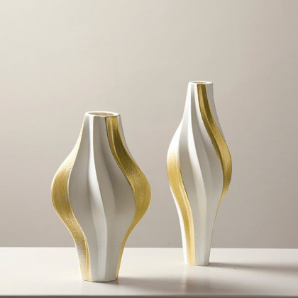 HMR - 2 Pieces Modern Resin Curved Lines Flower Vase Set Sculpture Decor Art in White & Gold