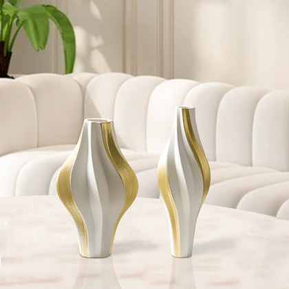 HMR - 2 Pieces Modern Resin Curved Lines Flower Vase Set Sculpture Decor Art in White & Gold