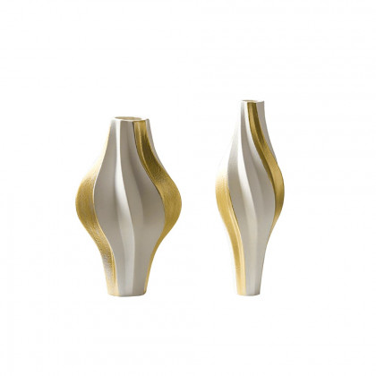 HMR - 2 Pieces Modern Resin Curved Lines Flower Vase Set Sculpture Decor Art in White & Gold