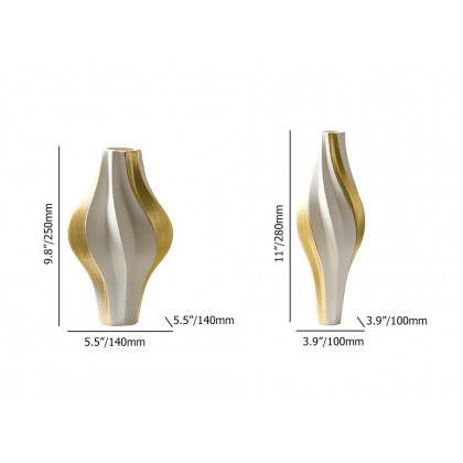 HMR - 2 Pieces Modern Resin Curved Lines Flower Vase Set Sculpture Decor Art in White & Gold