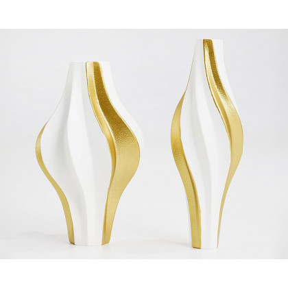 HMR - 2 Pieces Modern Resin Curved Lines Flower Vase Set Sculpture Decor Art in White & Gold