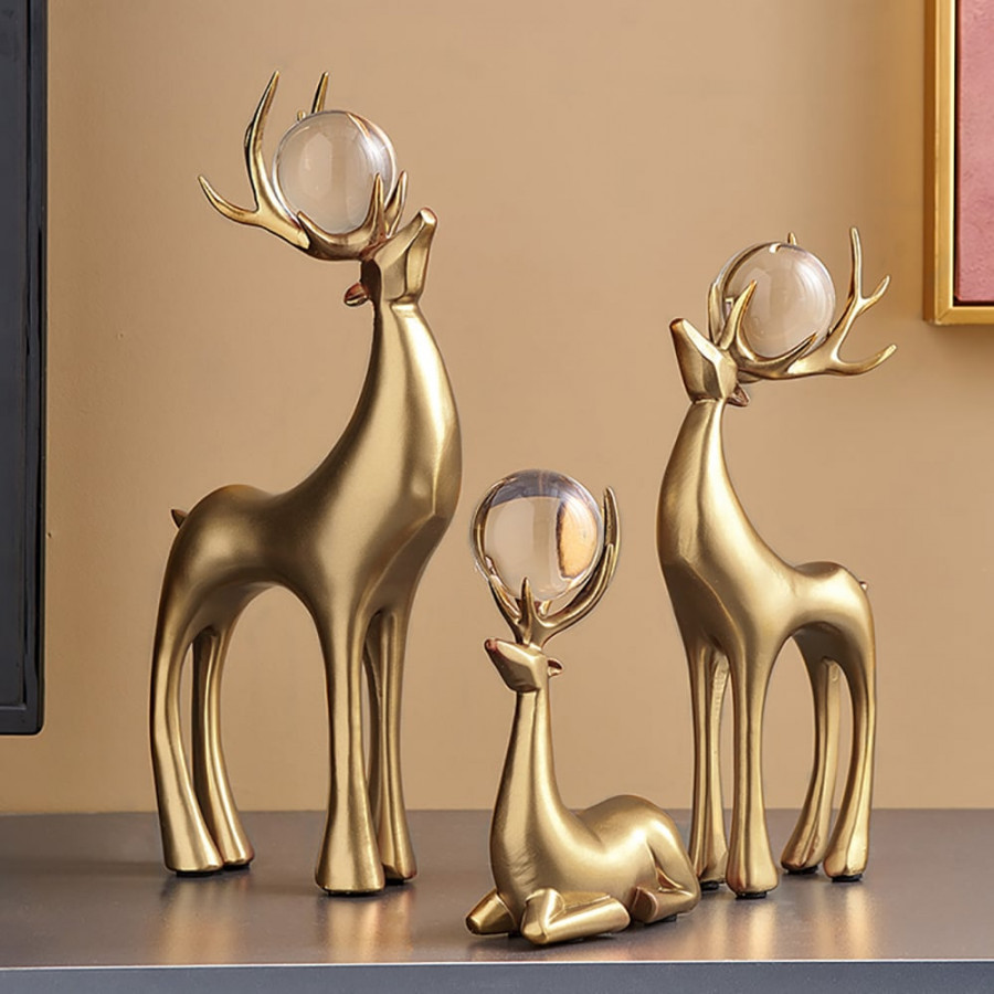 HMR - 3 Pieces Gold Resin Reindeer Sculpture Chrismas Deer Decor Art Ornament Living Room