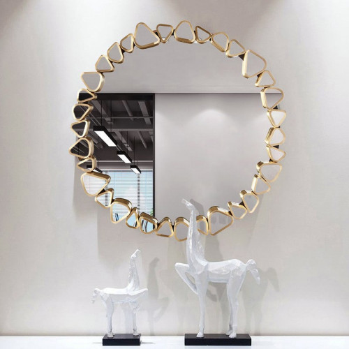 HMR Modern Large Gold Irregular Pebble Wall Mirror Decor with Geometric Frame Living Room - Round